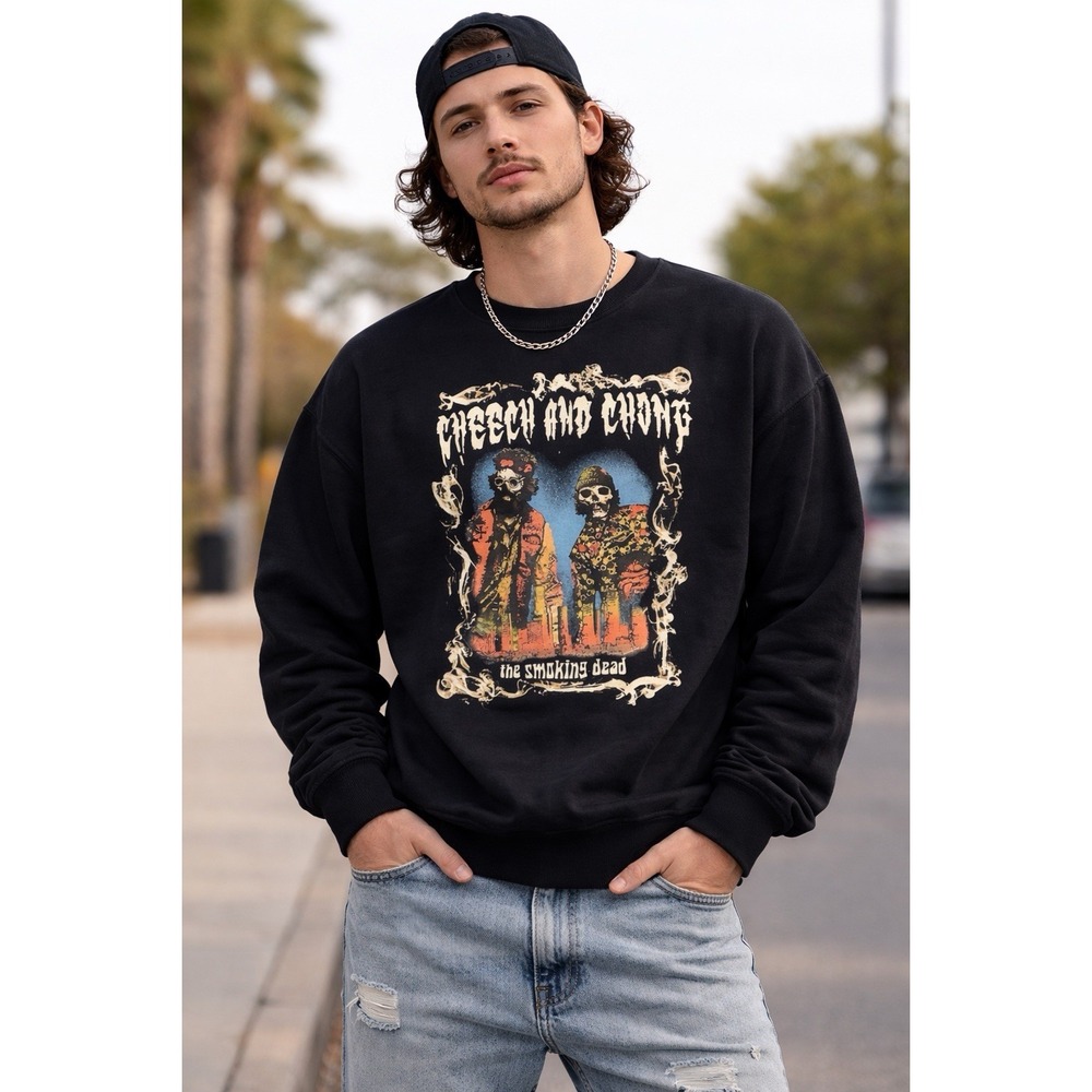 Cheech‎ Chong Smoking Dead Graphic Sweatshirt XL Black Crewneck Streetwear